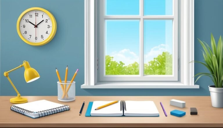 Desk with open notebook, pencils, clock, window, and a plant