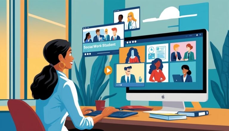 Woman attending a virtual social work class on a computer screen