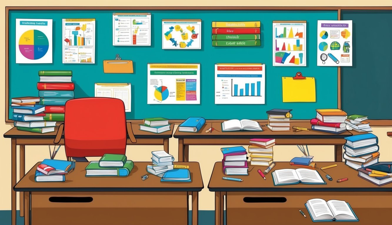 A classroom setting with various teaching materials, such as books, charts, and educational tools, arranged neatly on a desk or table.</p><p>A teacher's chair and a student's desk are present