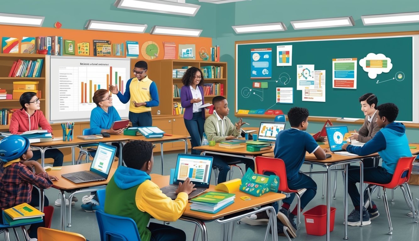 A classroom setting with a variety of educational materials such as books, charts, and interactive tools, with students engaging in collaborative discussions and problem-solving activities